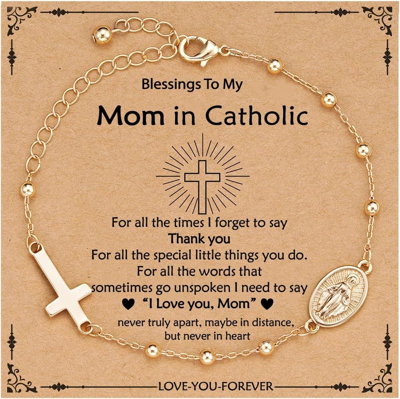 VULETO Catholic Virgin Mary Cross Bracelet Gifts for Girls Teens Women, Rosary Beads Charm Link Chain Bracelet Christmas Christian Religious Jewelry Gifts - Image 1